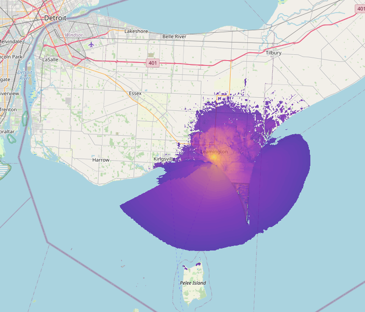 Coverage map of the VE3SPR/1 node in the Leamington area